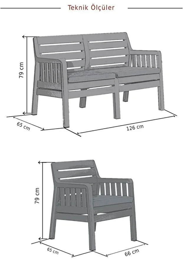 Lara Mindersiz / 2 1 1 S Bahçe Takımı Balkon - Bahçe - Teras Mobilyası / Antrasit